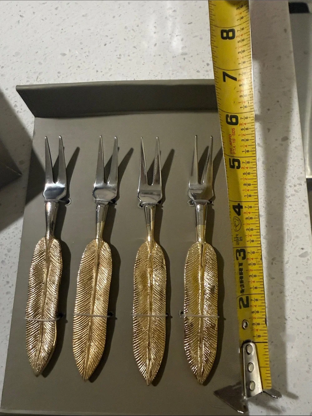 Object d' Arts Gold Feather Cocktail Forks Set of 4 Appetizer Silver Tines NWT
